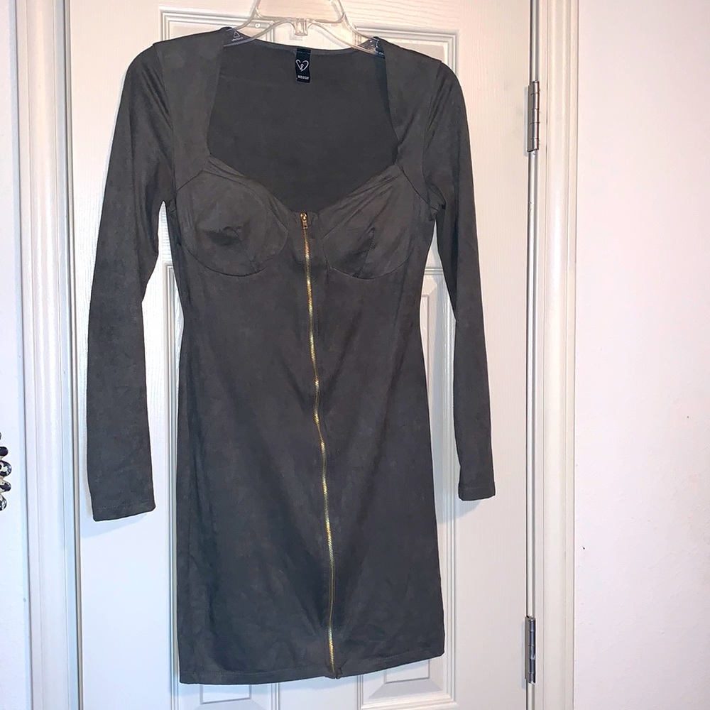 Long sleeve, olive green suede dress, size M